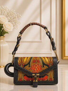 Authentic Prada Printed Flap Shoulder Bag Leather & Canvas | Designer Bag